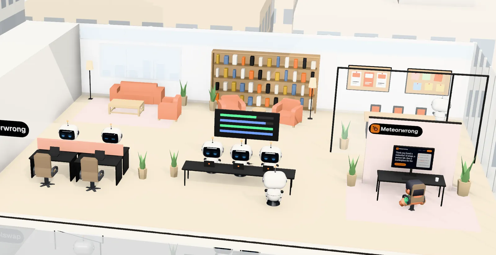 Meteorwrong’s office on floor 4 of Tower 1: the owner’s desk with the website on screen, the agents’ bench, a meeting room and a library